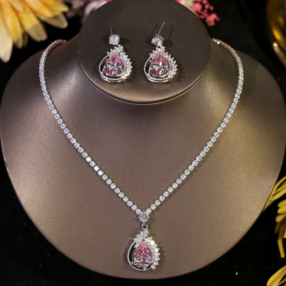 Classic Waterdrop Zircon Long Pendant Engagement Party Jewelry Set