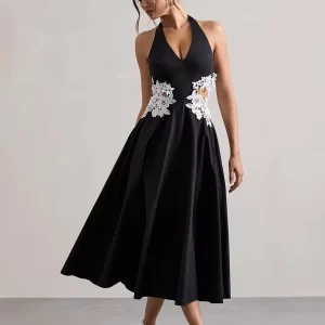 Designed Neckline Polyester Tea-Length Lace Formal Dress