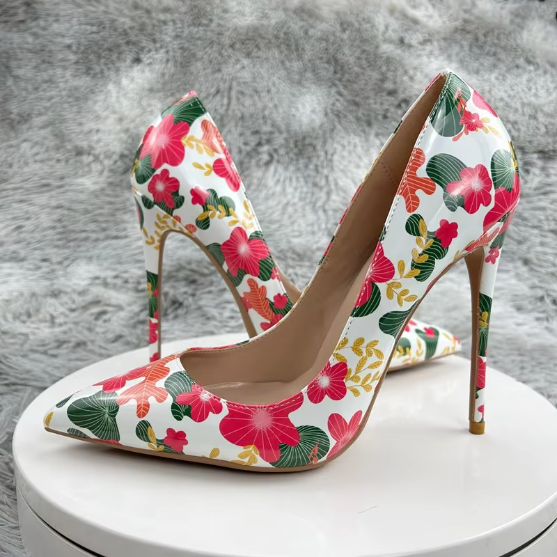 Designer Flowers Printed Pointy Toe Stiletto Pumps High Heel