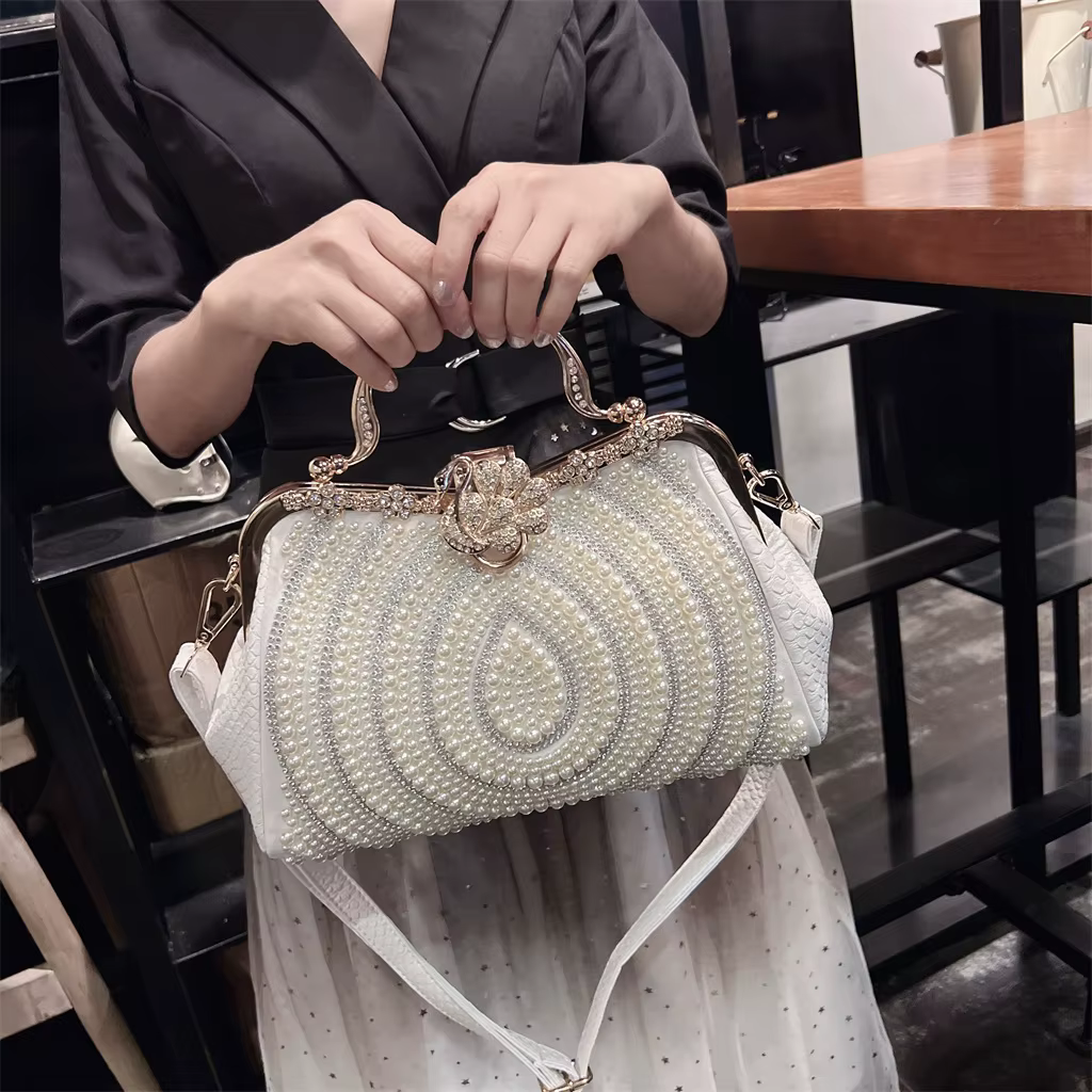 Diamonds Genuine Leather Pearl Clip Crossbody Shoulder Party Evening Bags - Image 18