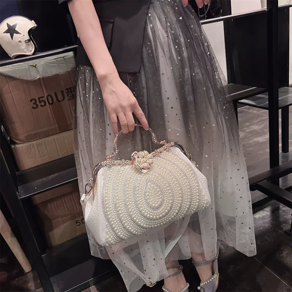 Diamonds Genuine Leather Pearl Clip Crossbody Shoulder Party Evening Bags - Image 17