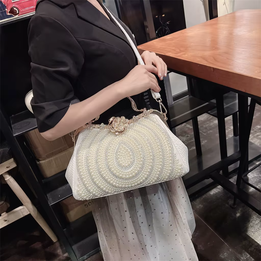 Diamonds Genuine Leather Pearl Clip Crossbody Shoulder Party Evening Bags - Image 15