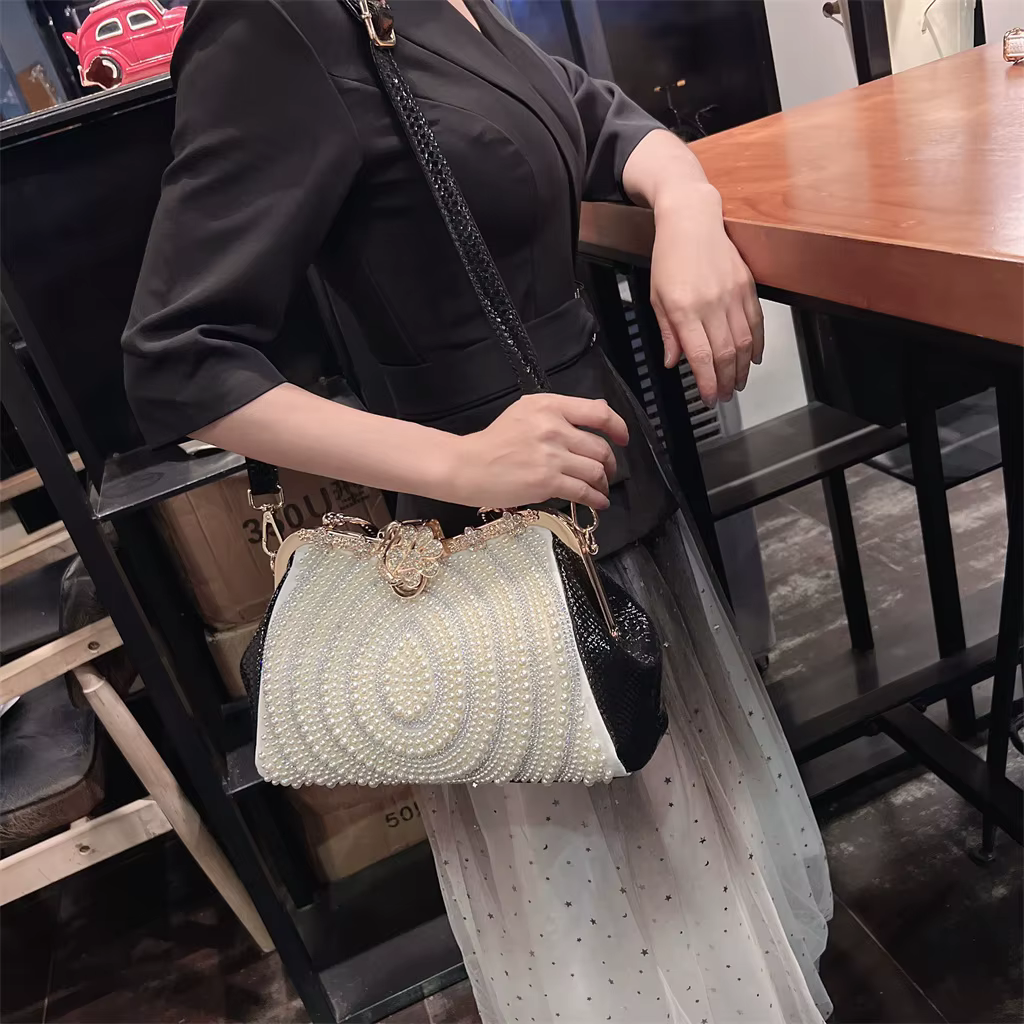 Diamonds Genuine Leather Pearl Clip Crossbody Shoulder Party Evening Bags - Image 13