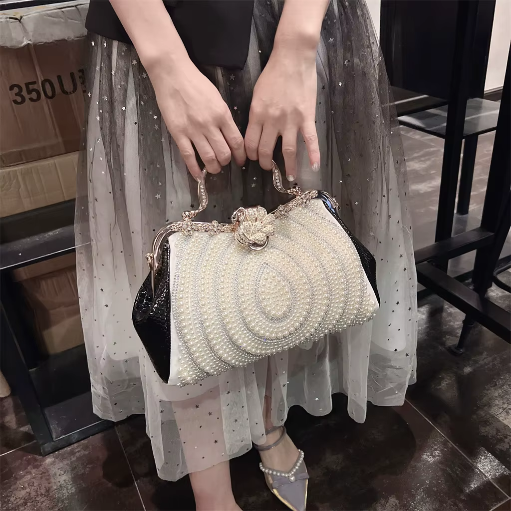 Diamonds Genuine Leather Pearl Clip Crossbody Shoulder Party Evening Bags - Image 12