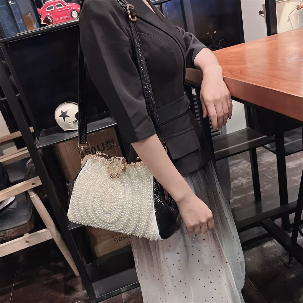 Diamonds Genuine Leather Pearl Clip Crossbody Shoulder Party Evening Bags - Image 10