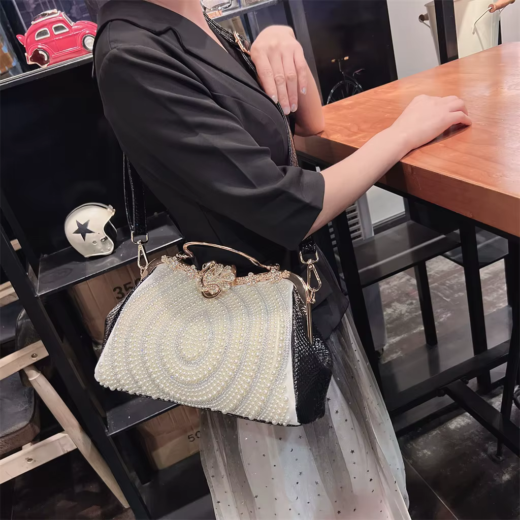 Diamonds Genuine Leather Pearl Clip Crossbody Shoulder Party Evening Bags - Image 9