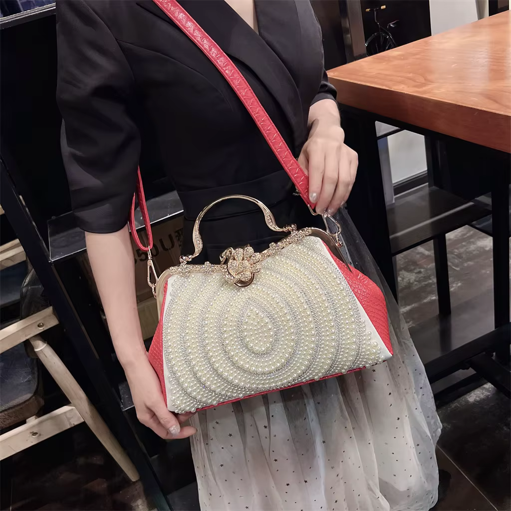 Diamonds Genuine Leather Pearl Clip Crossbody Shoulder Party Evening Bags - Image 7