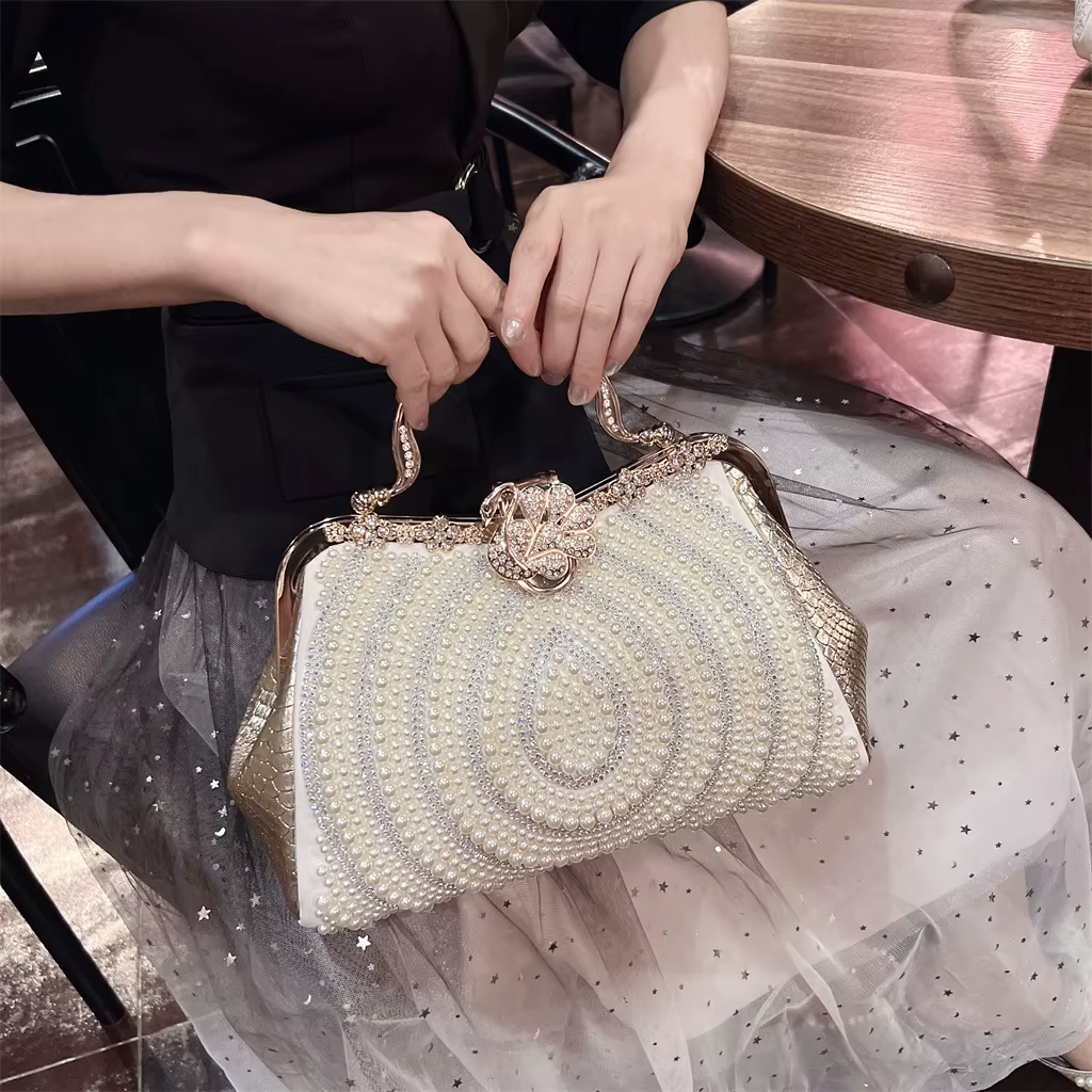 Diamonds Genuine Leather Pearl Clip Crossbody Shoulder Party Evening Bags - Image 3