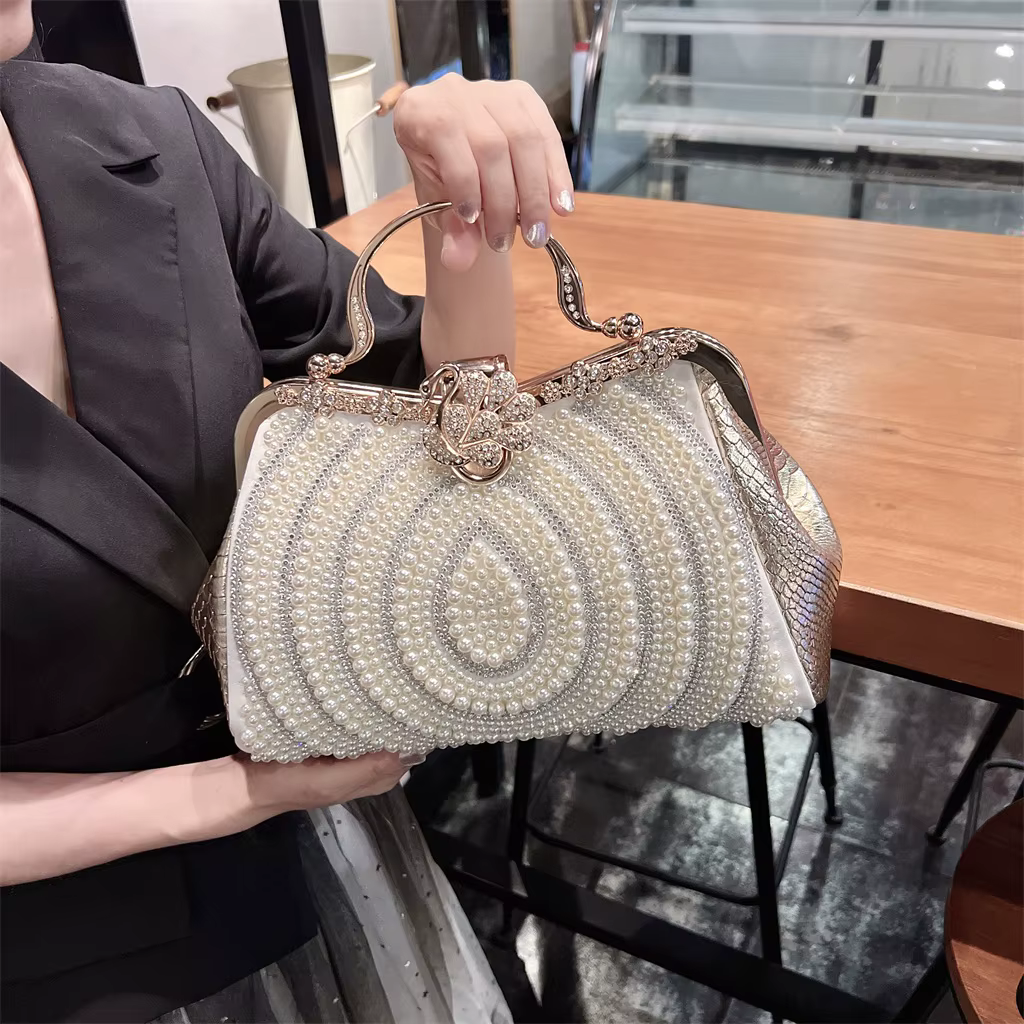 Diamonds Genuine Leather Pearl Clip Crossbody Shoulder Party Evening Bags - Image 2