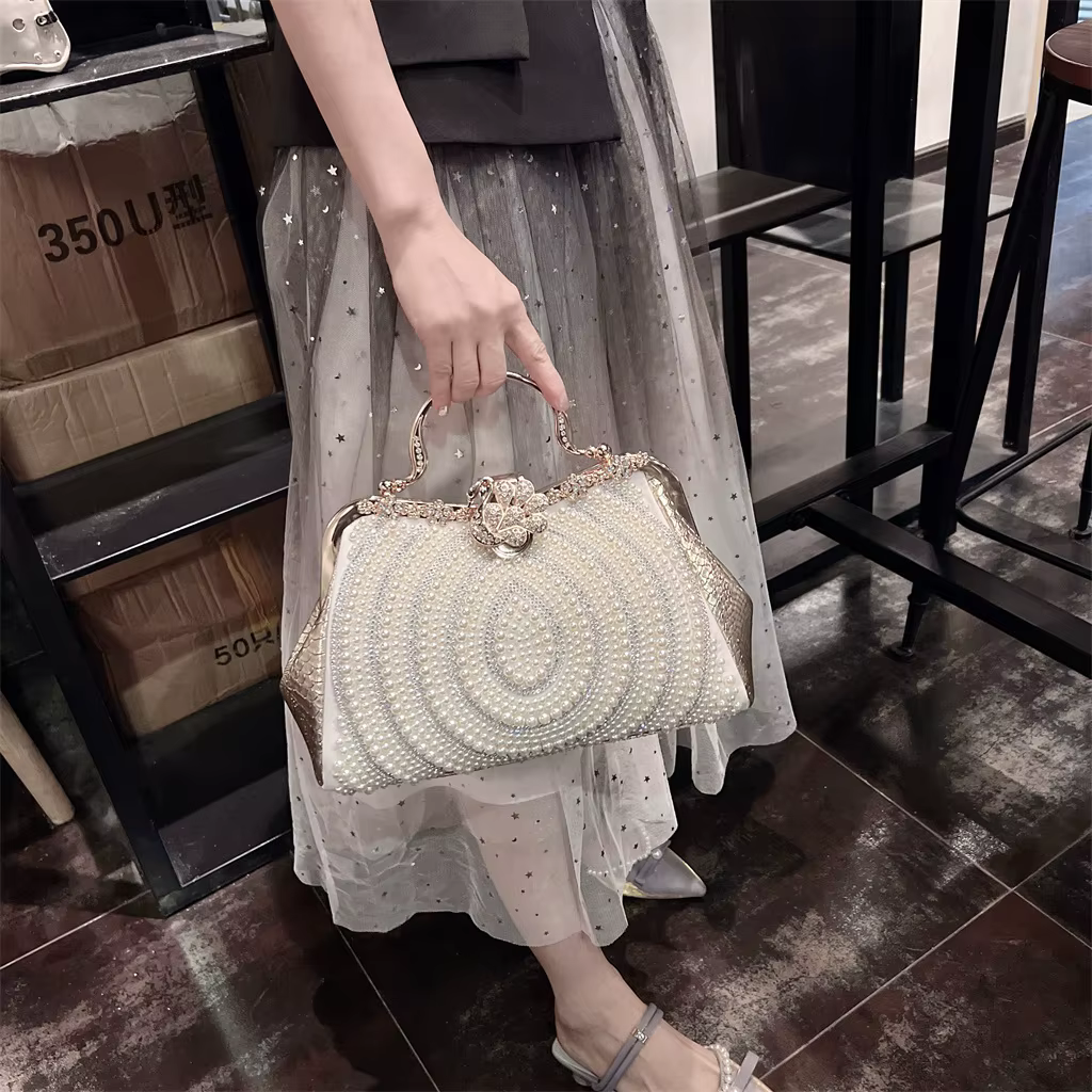 Diamonds Genuine Leather Pearl Clip Crossbody Shoulder Party Evening Bags