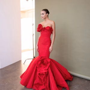 Elegant 3D Flower Strapless Long Satin Evening Party Maxi Dress