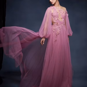 Elegant A-Line Long Sheer Appliques Soft Tulle Formal Maxi Dress