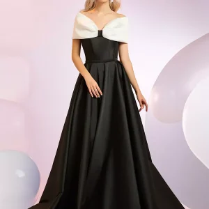 Elegant A-Line Neckline Sweep Short Sleeves Zipper Bows Satin Dresses