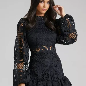 Elegant A-line Stand Collar Zipper Puff Sleeve Lace Mini Dress