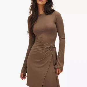 Elegant Asymmetrical Hem Long Sleeve Ruched Bodycon Mini Dress