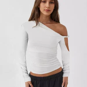 Elegant Asymmetrical One-Shoulder Ruched Long Sleeve T-shirt