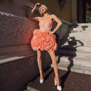 Elegant Backless Strapless Ruffles Flowers Birthday Party Ball Gown