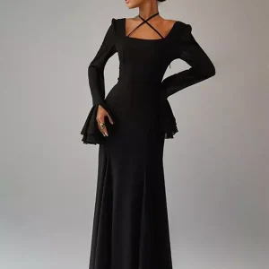 Elegant Bell Sleeve A-line Square Neck Long Maxi Dress