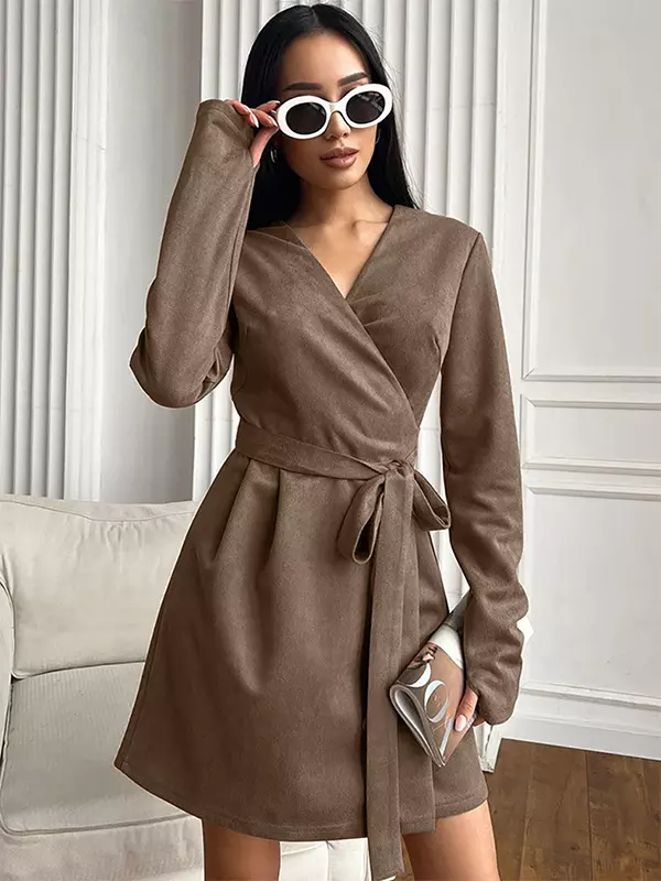 Elegant Belted Wrap V-neck Long Sleeve Casual Mini Skater Dress - Image 6