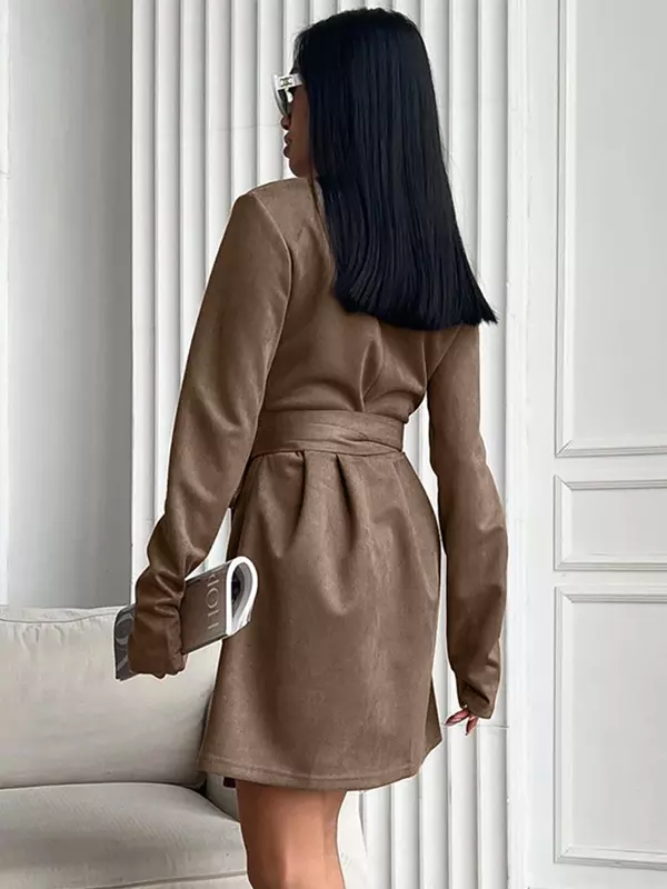 Elegant Belted Wrap V-neck Long Sleeve Casual Mini Skater Dress - Image 7