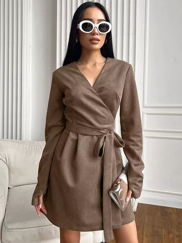 Elegant Belted Wrap V-neck Long Sleeve Casual Mini Skater Dress - Image 5