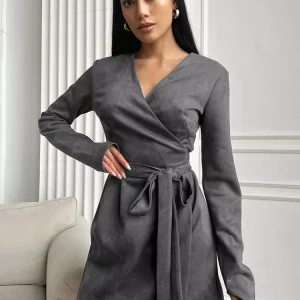 Elegant Belted Wrap V-neck Long Sleeve Casual Mini Skater Dress