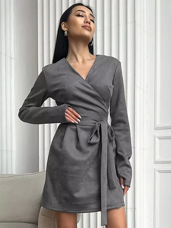 Elegant Belted Wrap V-neck Long Sleeve Casual Mini Skater Dress - Image 3