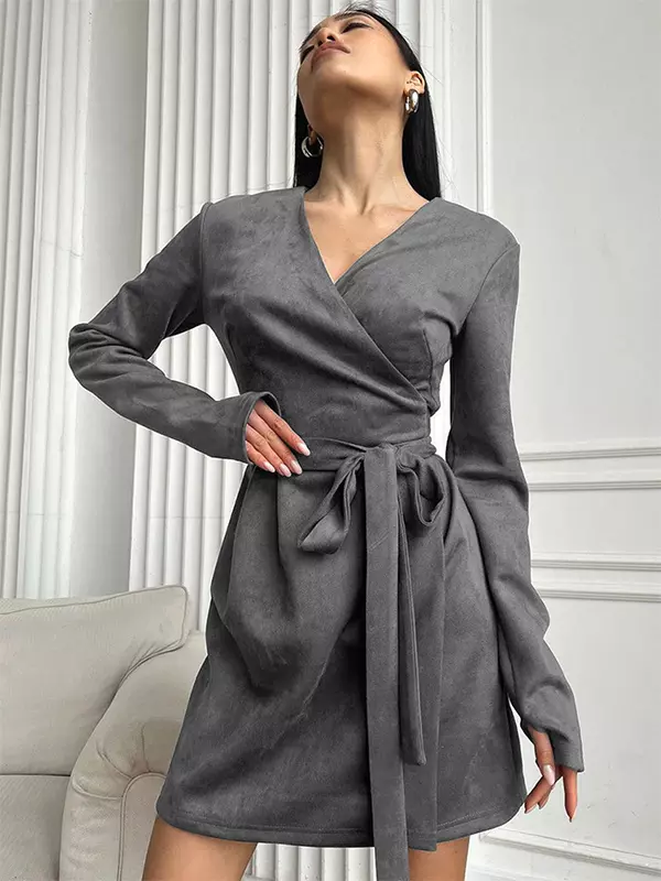 Elegant Belted Wrap V-neck Long Sleeve Casual Mini Skater Dress - Image 2