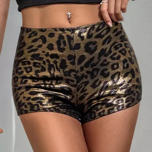 Elegant Bottoms Elastic Waist Shiny Leopard Print Shorts
