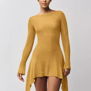 Elegant Bow Open Back Long Sleeve Bodycon Mini Dress