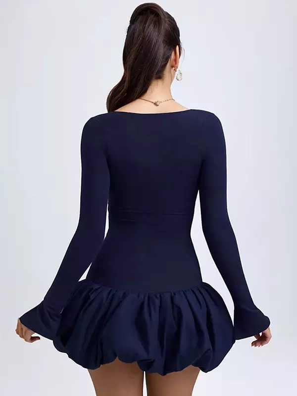 Elegant Bubble Hem Drop-Waist Round Neck Long Sleeve Bodycon Mini Dress - Image 5