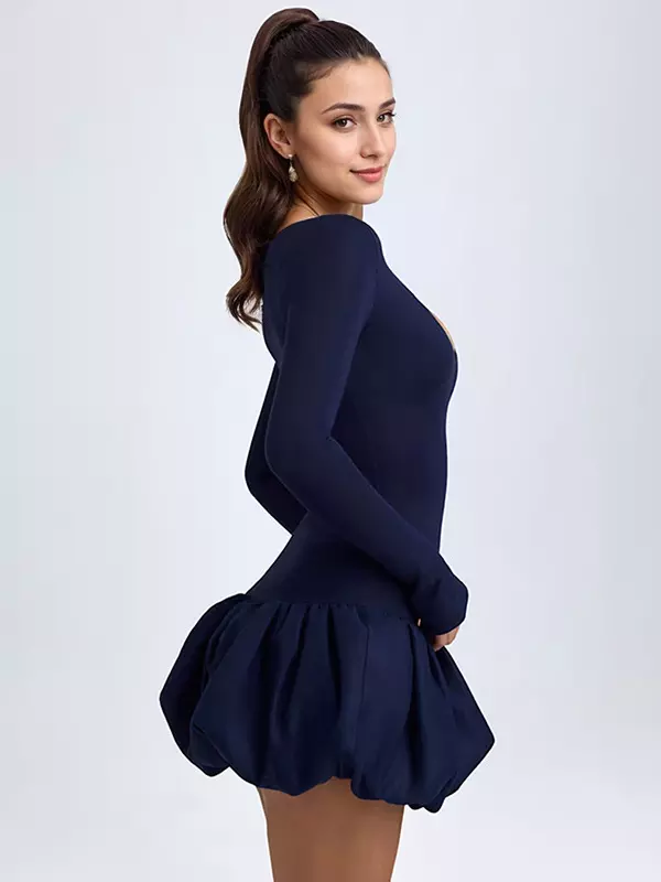 Elegant Bubble Hem Drop-Waist Round Neck Long Sleeve Bodycon Mini Dress - Image 4