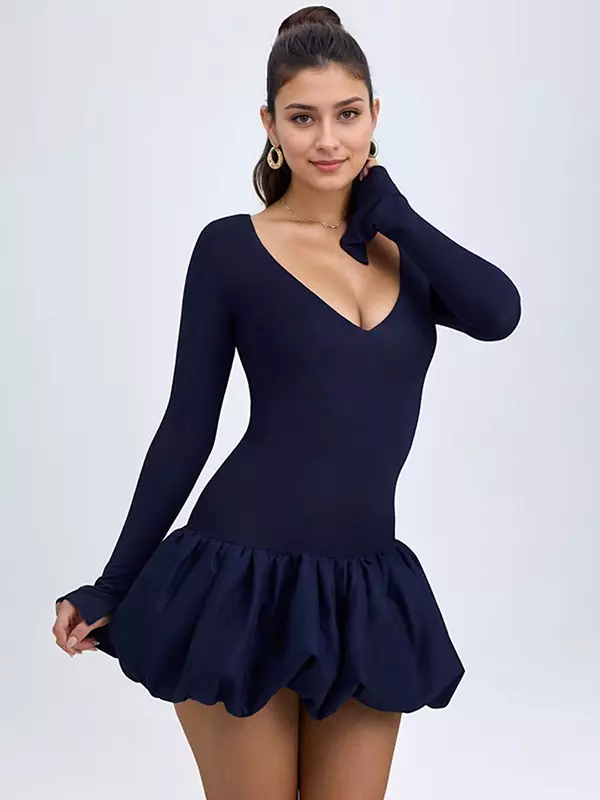 Elegant Bubble Hem Drop-Waist Round Neck Long Sleeve Bodycon Mini Dress - Image 3