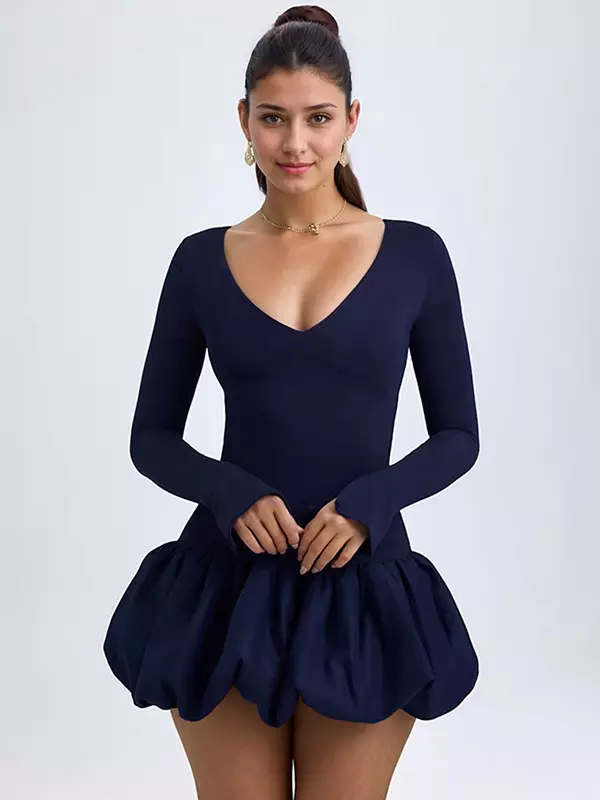 Elegant Bubble Hem Drop-Waist Round Neck Long Sleeve Bodycon Mini Dress - Image 2