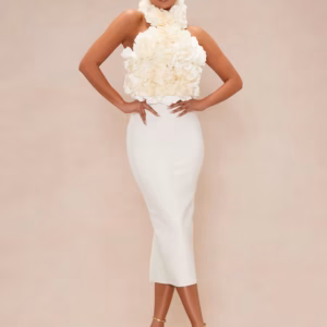 Elegant Chest Wrapping Halter 3D Flower Bodycon Bandage Midi Dress