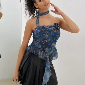 Elegant Choker Ruffle Tube Floral Print Sleeveless Top