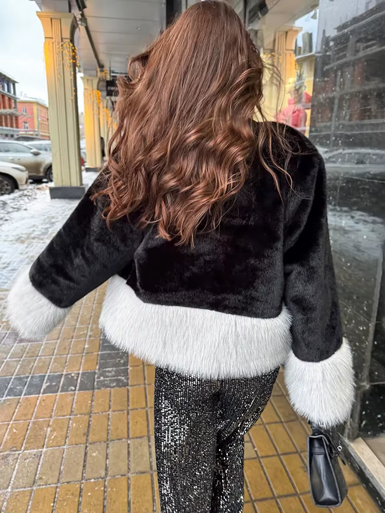 Elegant Color-Blocked Imitation Fox Fur Slim Short Mink Coat - Image 9