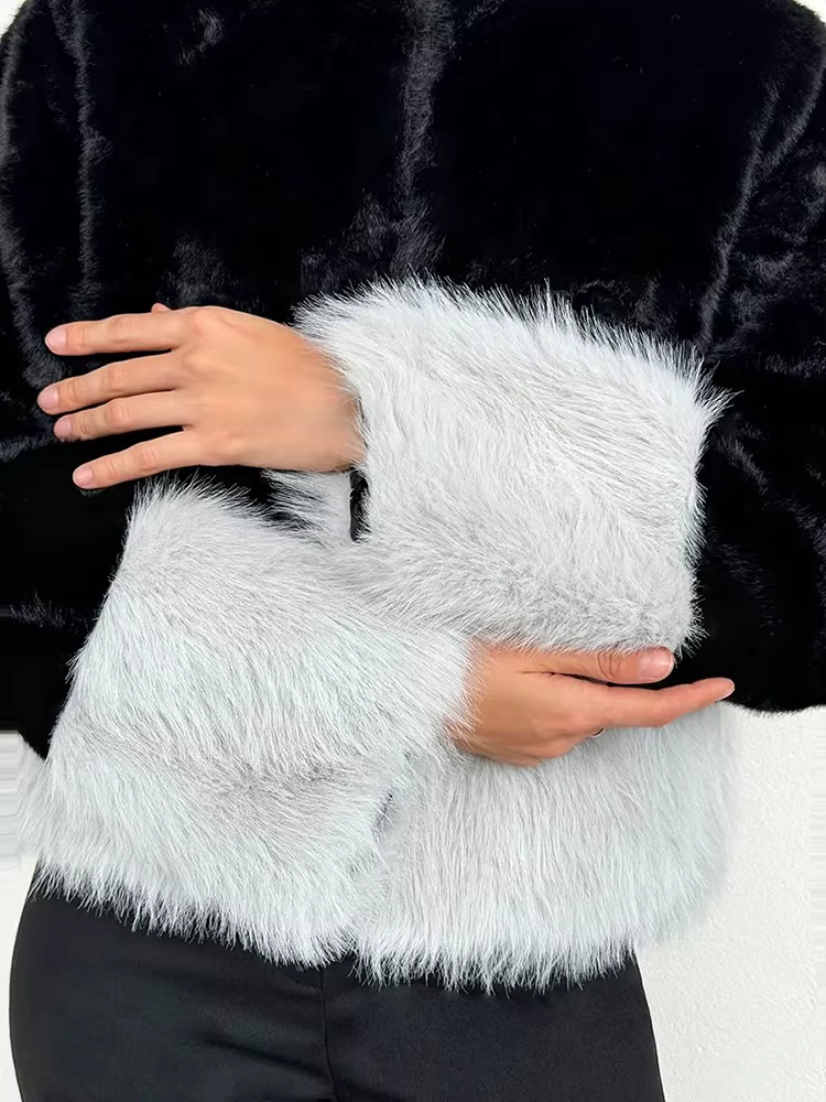 Elegant Color-Blocked Imitation Fox Fur Slim Short Mink Coat - Image 8
