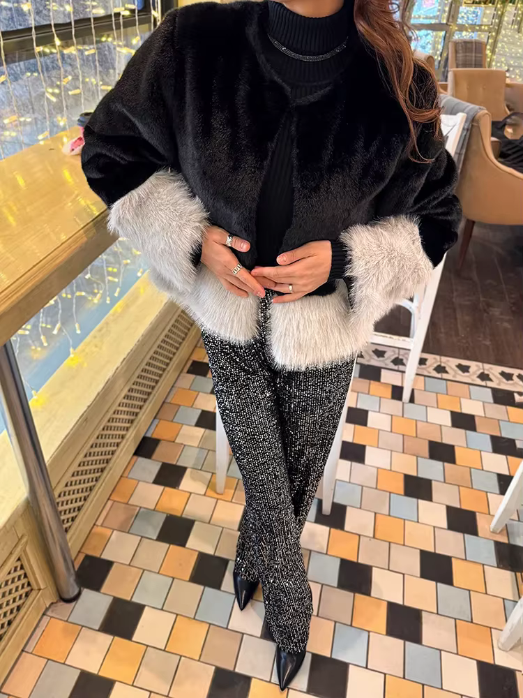 Elegant Color-Blocked Imitation Fox Fur Slim Short Mink Coat - Image 7