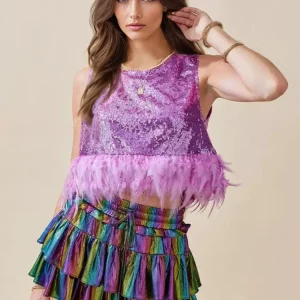 Elegant Crew Neck Feather Hem Sleeveless Sequin Crop Tops