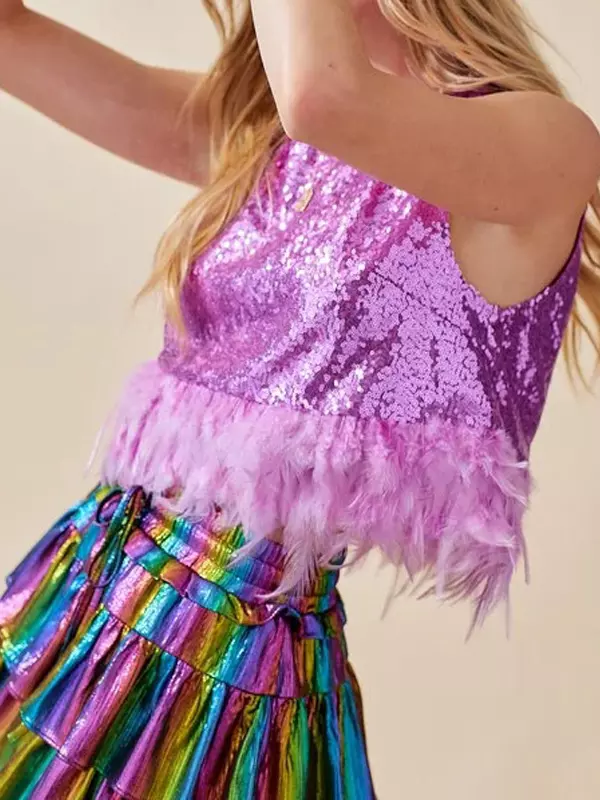 Elegant Crew Neck Feather Hem Sleeveless Sequin Crop Tops - Image 3