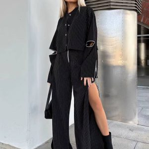 Elegant Crop Top With High Waist Slit Wide Pants Loose Stripe Print Two Pieces Set