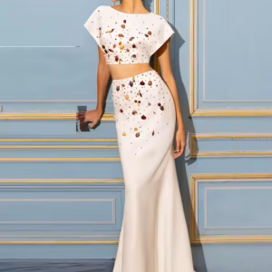 Elegant Designer Shells Beaded Cropped Tops Mermaid Long Skirt 2 Piece Set