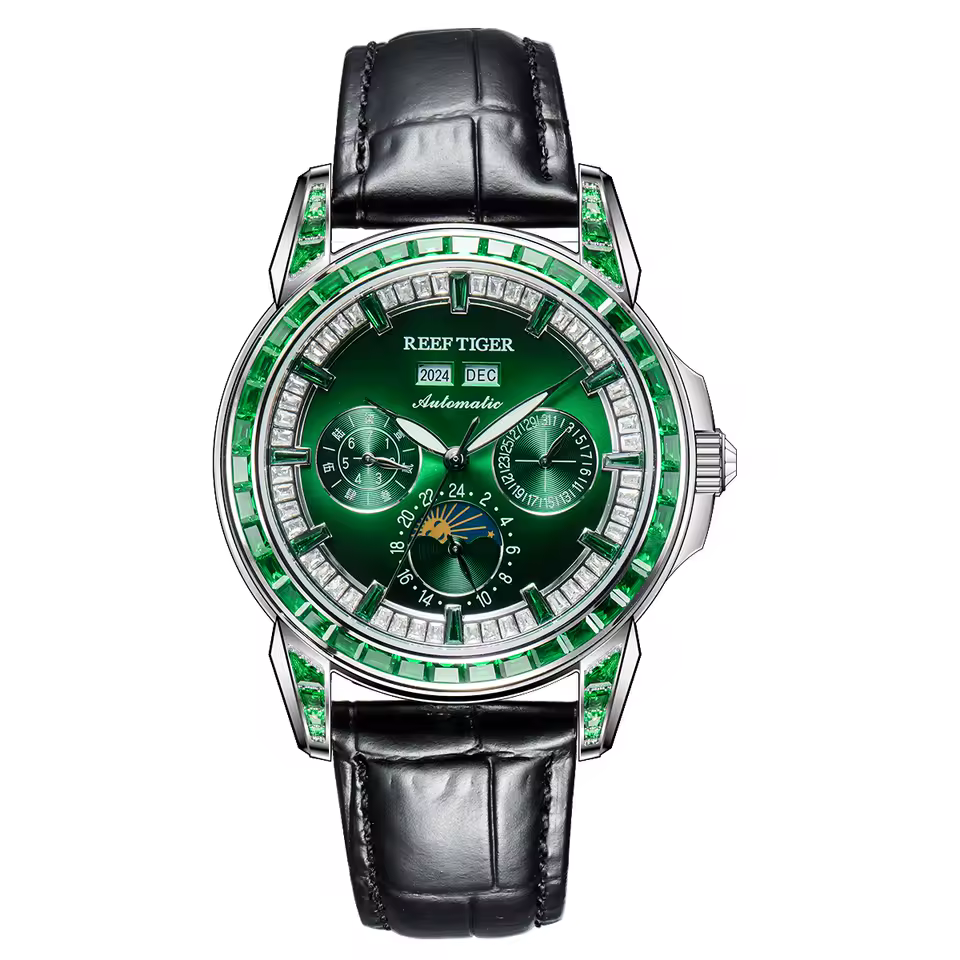 Elegant Diamonds Moonphase Multifuncational Automatic Leather Classic Mens Watch - Image 11