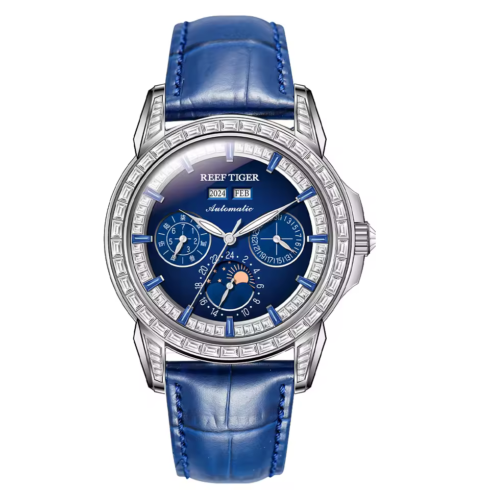 Elegant Diamonds Moonphase Multifuncational Automatic Leather Classic Mens Watch - Image 13