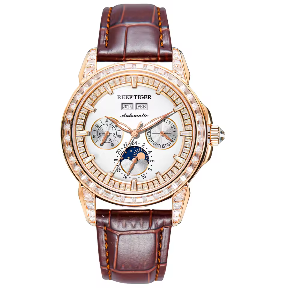 Elegant Diamonds Moonphase Multifuncational Automatic Leather Classic Mens Watch - Image 6