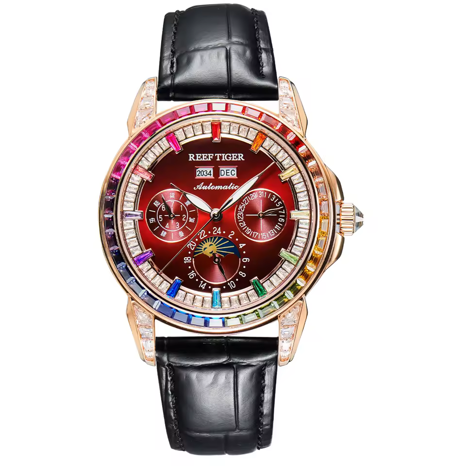 Elegant Diamonds Moonphase Multifuncational Automatic Leather Classic Mens Watch - Image 7