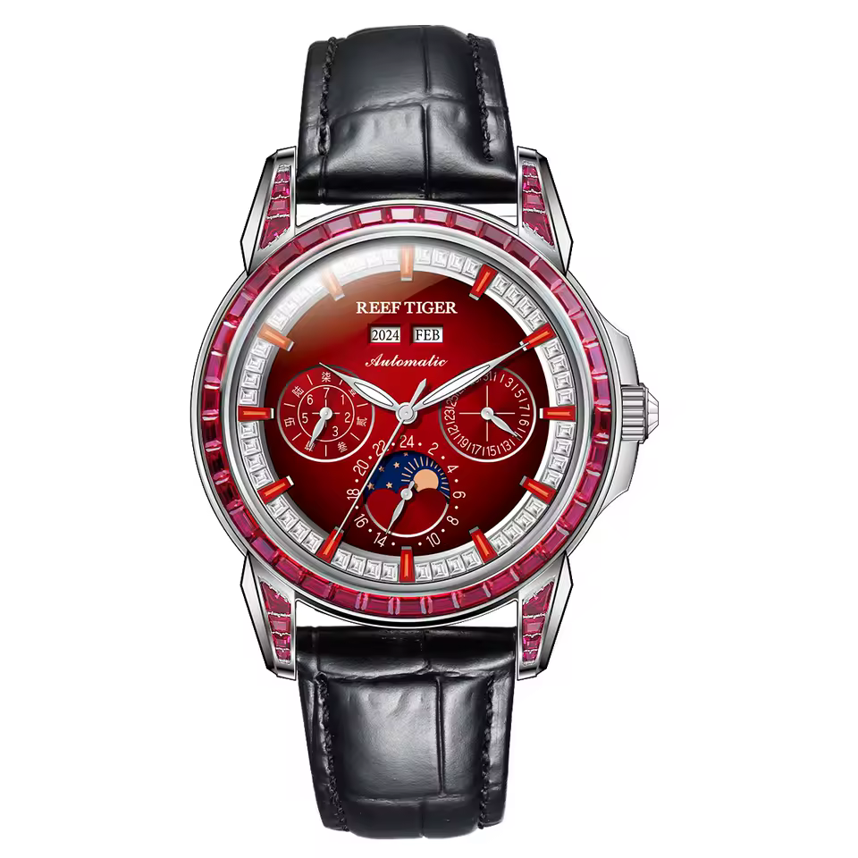 Elegant Diamonds Moonphase Multifuncational Automatic Leather Classic Mens Watch - Image 8