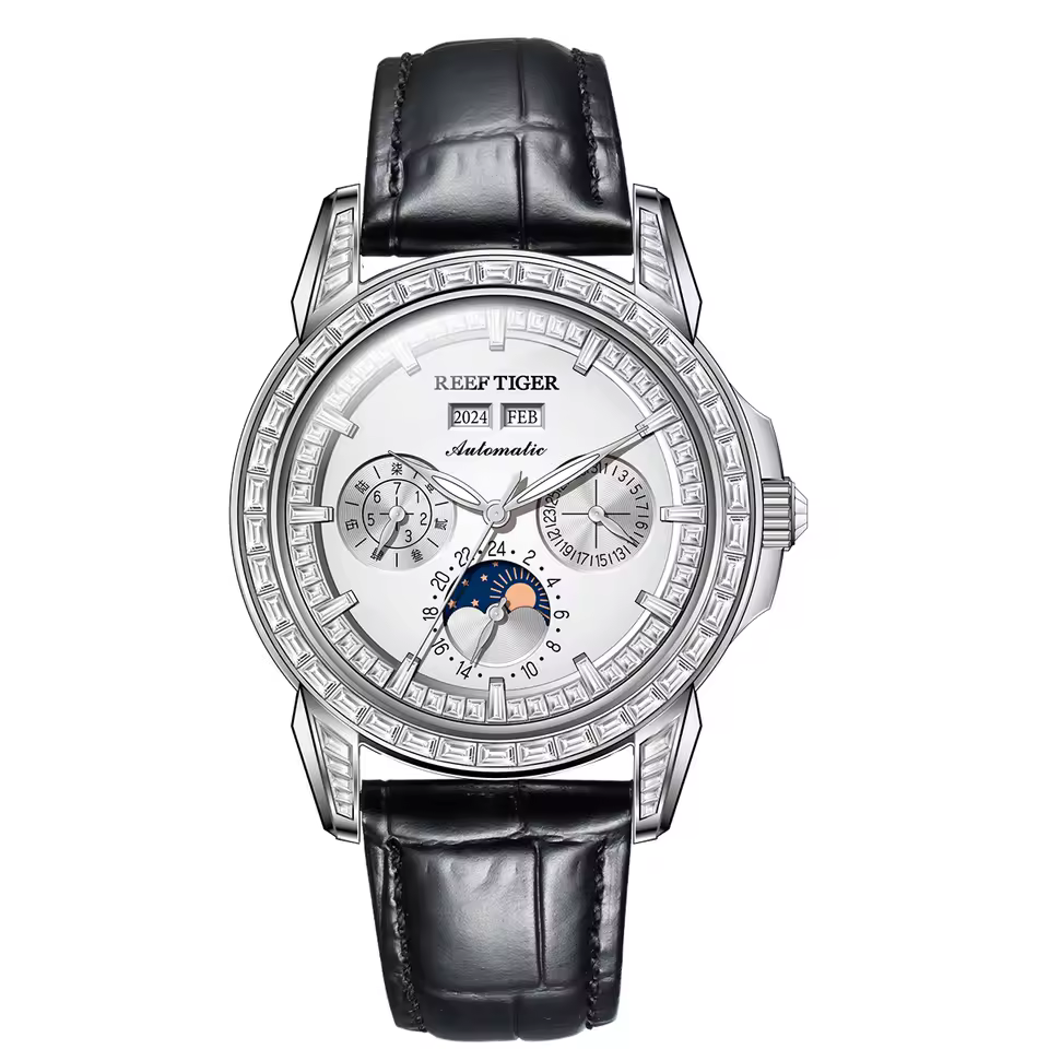 Elegant Diamonds Moonphase Multifuncational Automatic Leather Classic Mens Watch - Image 9