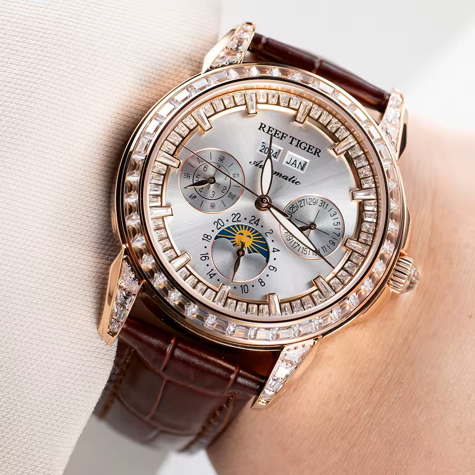 Elegant Diamonds Moonphase Multifuncational Automatic Leather Classic Mens Watch